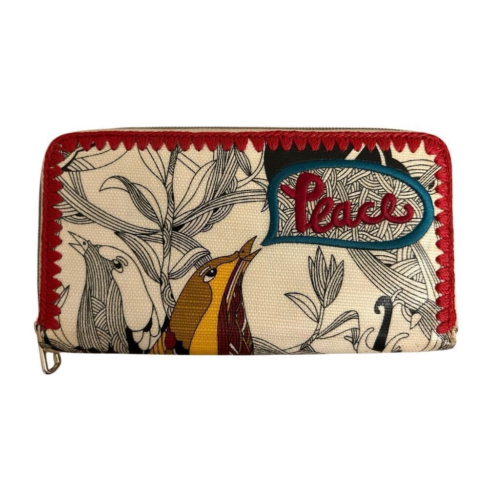 Sakroots Peace embroidered bird & botanical coated canvas zip around wallet